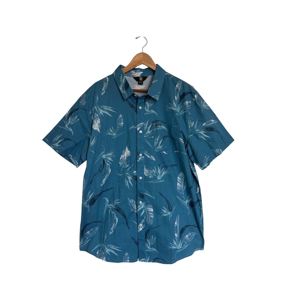 Volcom Button Up Shirt Mens 2XL Blue Tropical Floral Short‎ Sleeve Casual Pocket